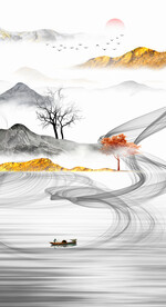 水墨山水画装饰画 日出