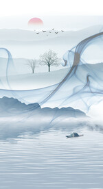 水墨山水画装饰画 日出 船