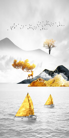 山水画装饰画 帆船 麋鹿