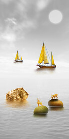 山水画装饰画 石头麋鹿