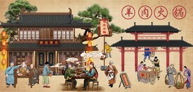 复古古代羊肉火锅背景墙壁画