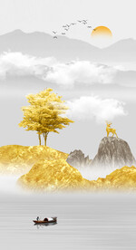 新中式山水画装饰画 日出 麋鹿