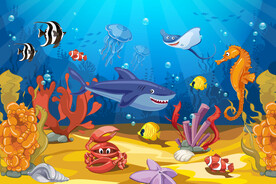 卡通鲨鱼珊瑚热带鱼海底世界背景