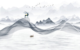 水墨山水画背景墙 弧线 船麋鹿