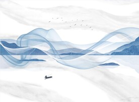 灰白大理石背景墙 山水画 弧线