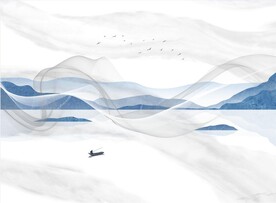 灰白大理石背景墙 山水画 弧线