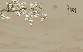 新中式玉兰花鸟画背景墙壁画