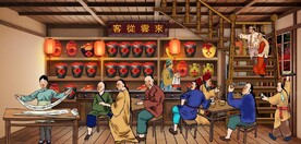 古代市井集市饭馆背景墙壁画