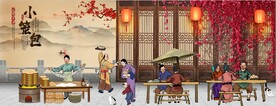 古代小笼包背景墙壁画