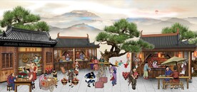 古代市井集市饭馆背景墙壁画