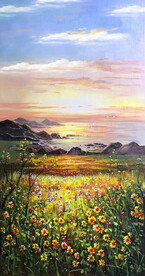 草地花开海报旭日风景油画装饰画