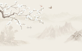 新中式手绘玉兰花鸟电视背景墙