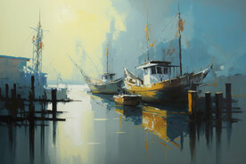 油画 渔港清晨