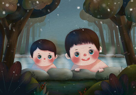 两个泡温泉的孩子插画