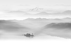 中式灰色水墨山水画背景墙