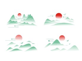 中国风中式水墨祥云山水山纹飞鸟