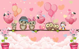 卡通粉红色猫头鹰背景墙