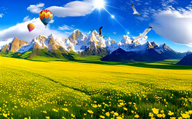 蓝天白云草地雪山