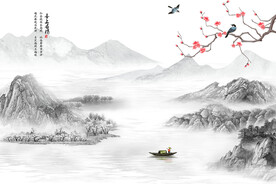 新中式喜上眉梢水墨山水背景墙