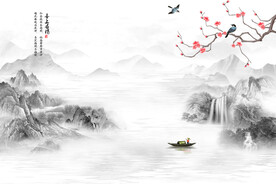 新中式工笔画山水喜上眉梢背景墙