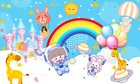 卡通星空城堡儿童房背景墙