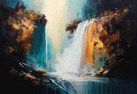 当代油画 山间流瀑