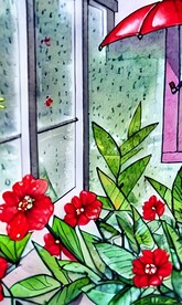 手绘水彩风格雨中城市景观建筑