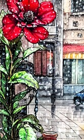 手绘水彩风格雨中城市景观建筑