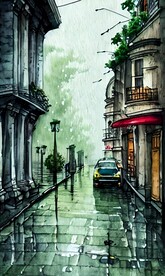 手绘水彩风格雨中城市景观建筑