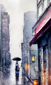 手绘水彩风格雨中城市景观建筑