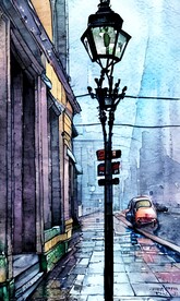 手绘水彩风格雨中城市景观建筑