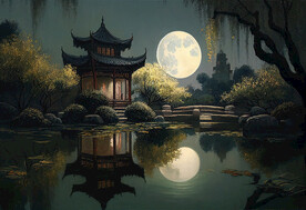 当代油画 园林月影