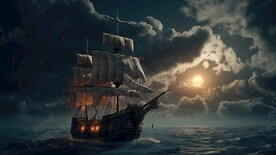 黑夜大海的帆船