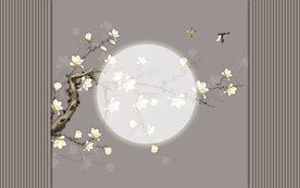 新中式工笔花鸟画格栅背景墙