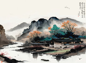 山村风情前卫水墨山水装饰画