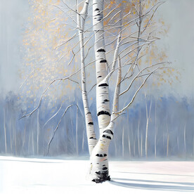 油画 雪中的白桦树