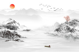 新中式古典意境水墨画山水背景墙