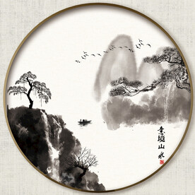 圆形水墨山水画