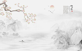 新中式手绘山水花鸟画背景墙