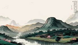江南水乡水墨山水画