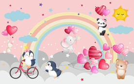 卡通企鹅粉色背景墙