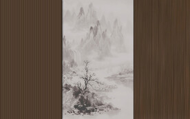 新中式格栅木纹山水画背景墙