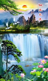 流水生财瀑布迎客松山水画