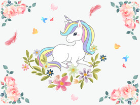 花朵背景的彩虹独角兽