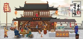 古代羊肉汤餐饮背景墙壁画