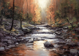 当代油画 林间溪流