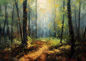 当代油画 洒满阳光的林间小路