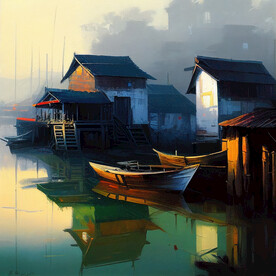 当代油画 渔村清晨