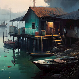 当代油画 渔村清晨