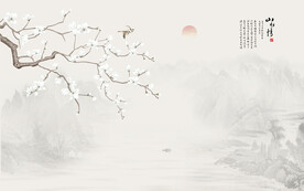 新中式玉兰花鸟画背景墙